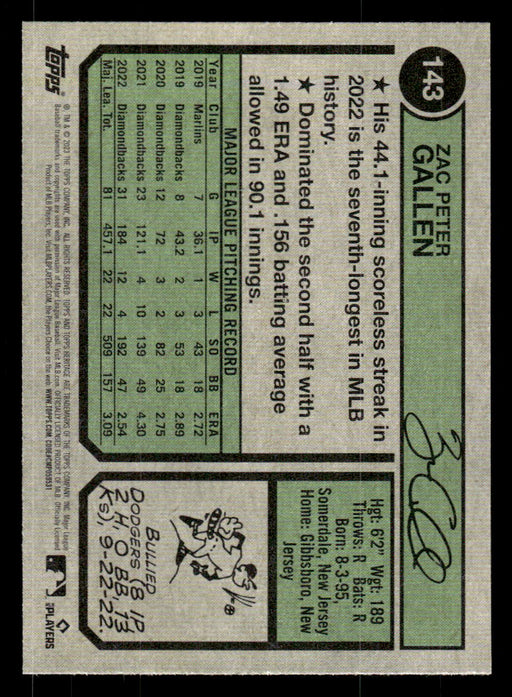 Zac Gallen 2023 Topps Heritage Baseball Base Back of Card