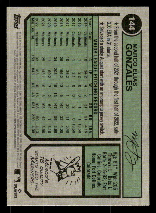 Marco Gonzales 2023 Topps Heritage Baseball Base Back of Card