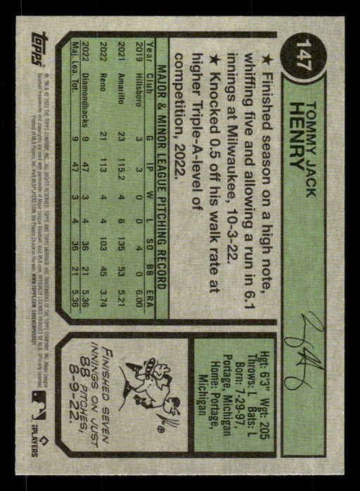 Tommy Henry 2023 Topps Heritage Baseball Base Back of Card