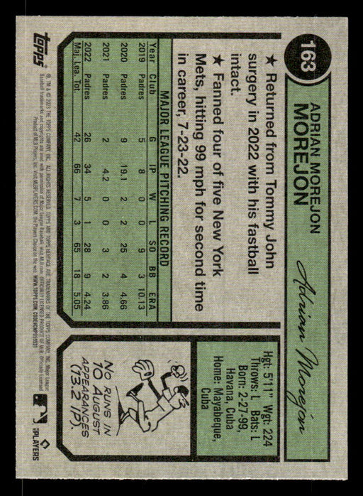 Adrian Morejon 2023 Topps Heritage Baseball Base Back of Card