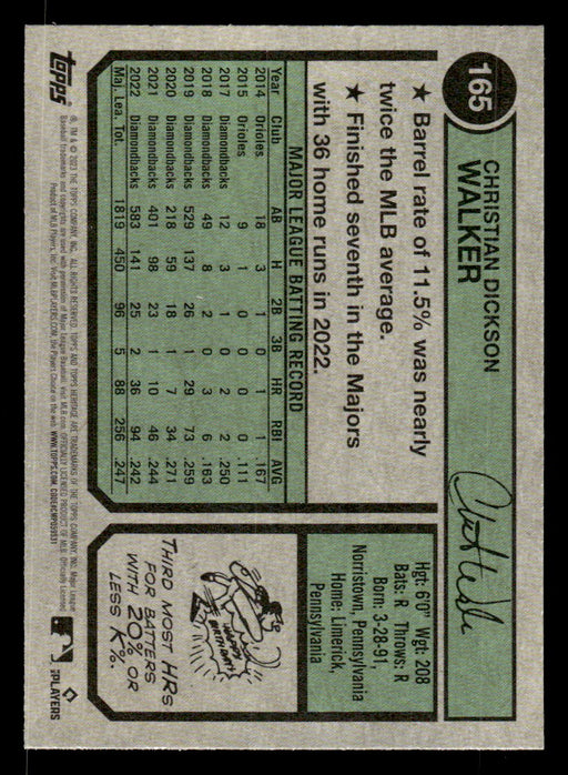 Christian Walker 2023 Topps Heritage Baseball Base Back of Card