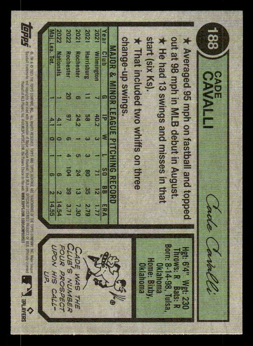 Cade Cavalli 2023 Topps Heritage Baseball Base Back of Card