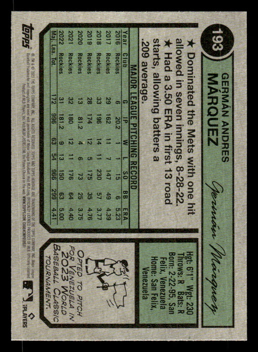 Germán Márquez 2023 Topps Heritage Baseball Base Back of Card