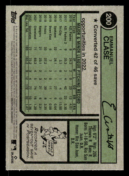 Emmanuel Clase 2023 Topps Heritage Baseball Base Back of Card