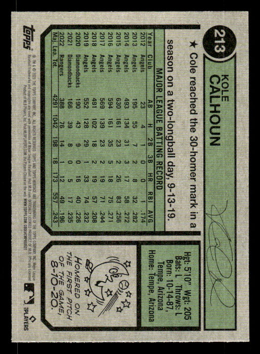 Kole Calhoun 2023 Topps Heritage Baseball Base Back of Card