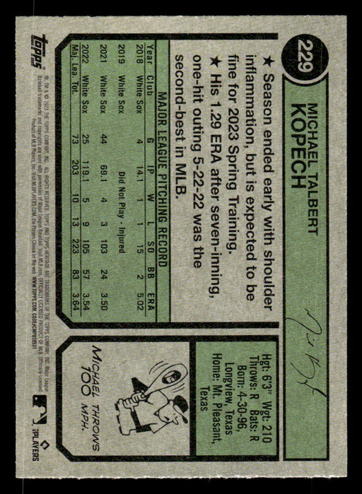 Michael Kopech 2023 Topps Heritage Baseball Base Back of Card
