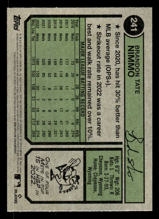 Brandon Nimmo 2023 Topps Heritage Baseball Base Back of Card