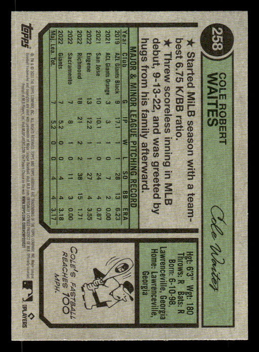 Cole Waites 2023 Topps Heritage Baseball Base Back of Card