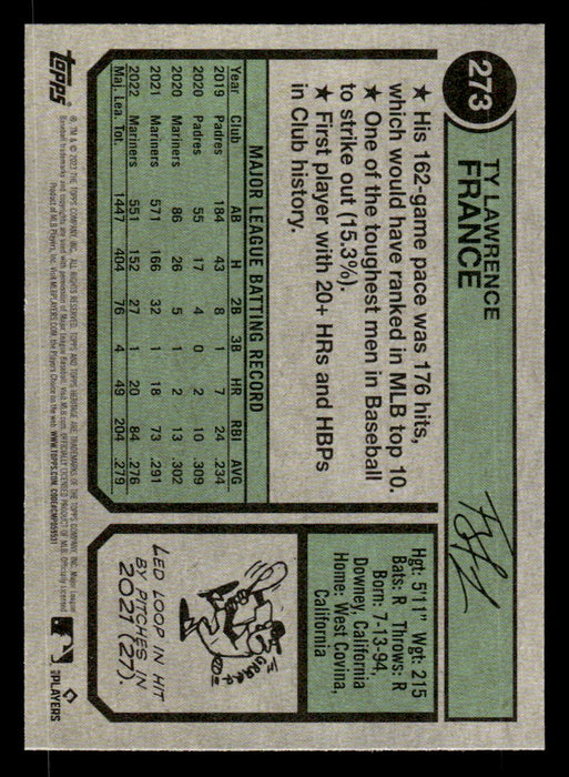Ty France 2023 Topps Heritage Baseball Base Back of Card