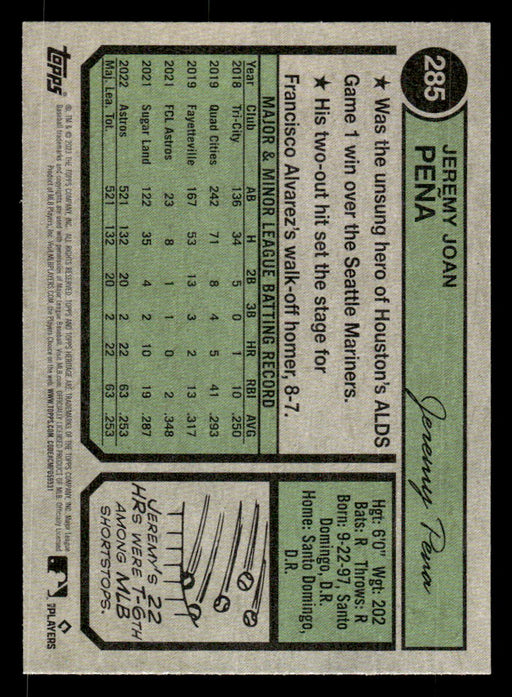 Jeremy Peña 2023 Topps Heritage Baseball Base Back of Card