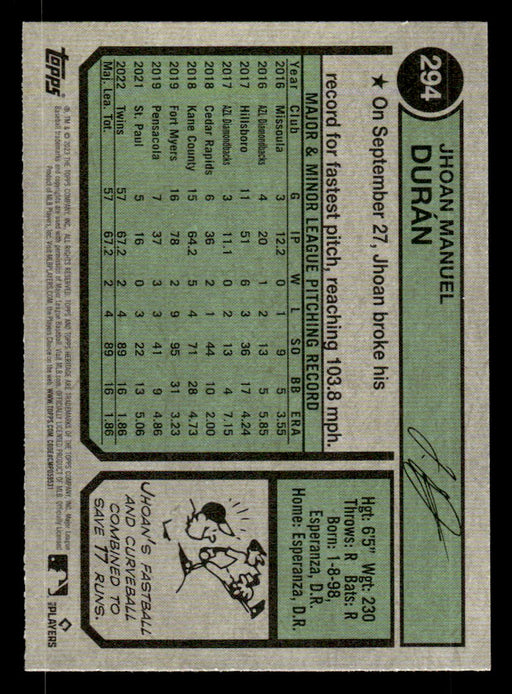 Jhoan Durán 2023 Topps Heritage Baseball Base Back of Card