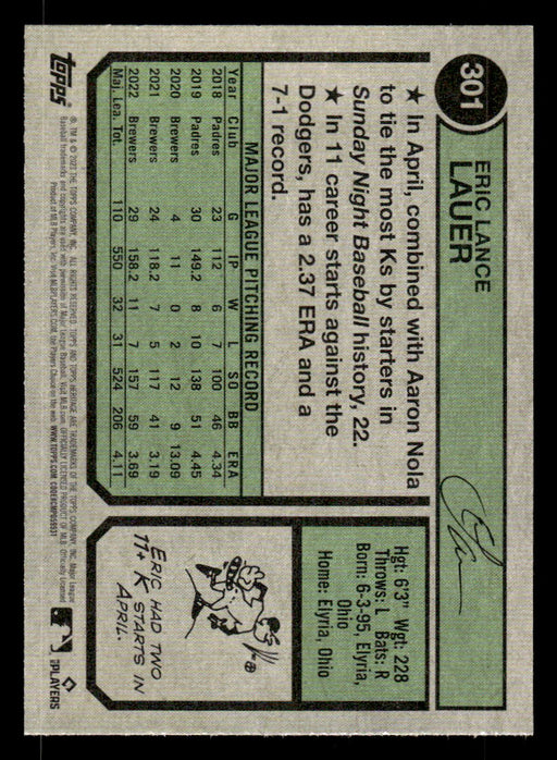 Eric Lauer 2023 Topps Heritage Baseball Base Back of Card