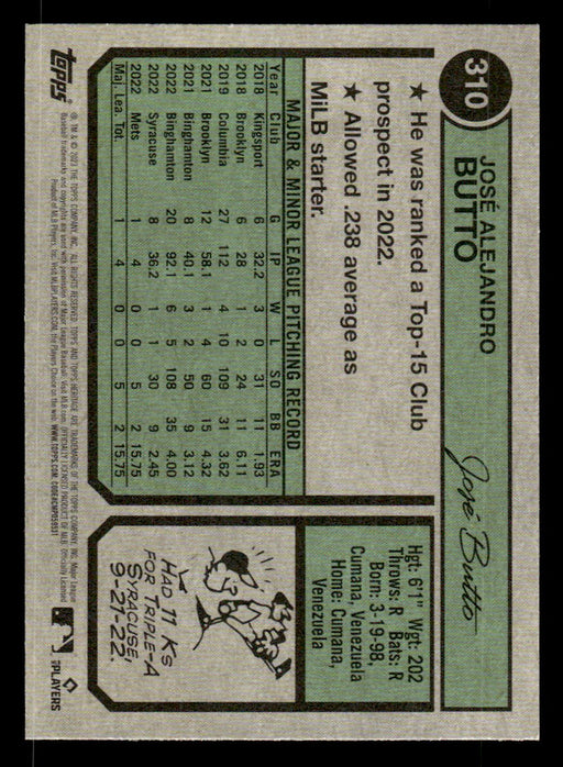 José Butto 2023 Topps Heritage Baseball Base Back of Card