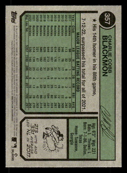 Charlie Blackmon 2023 Topps Heritage Baseball Base Back of Card
