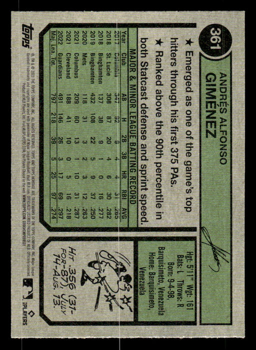 Andrés Giménez 2023 Topps Heritage Baseball Base Back of Card