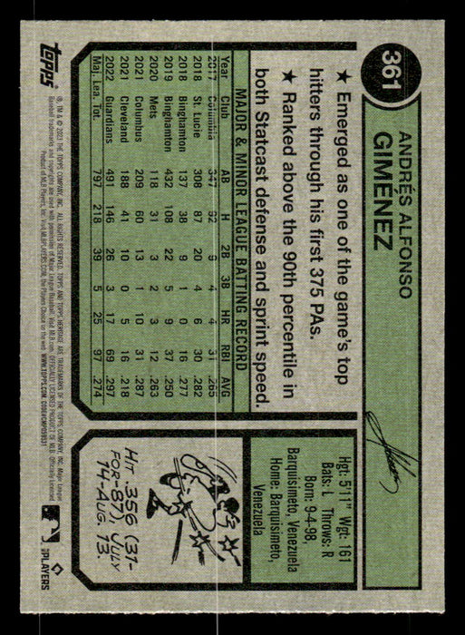 Andrés Giménez 2023 Topps Heritage Baseball Base Back of Card