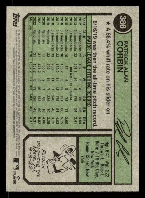 Patrick Corbin 2023 Topps Heritage Baseball Base Back of Card