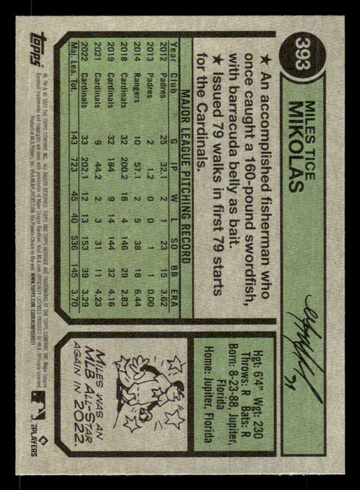 Miles Mikolas 2023 Topps Heritage Baseball Base Back of Card