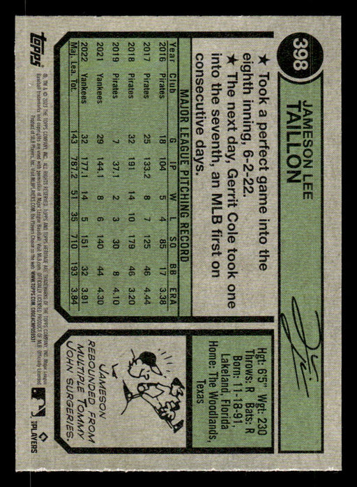 Jameson Taillon 2023 Topps Heritage Baseball Base Back of Card