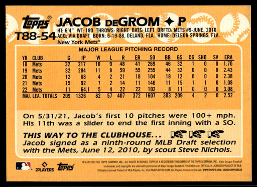 Jacob deGrom 2023 Topps Series 1 1988 Topps Back of Card