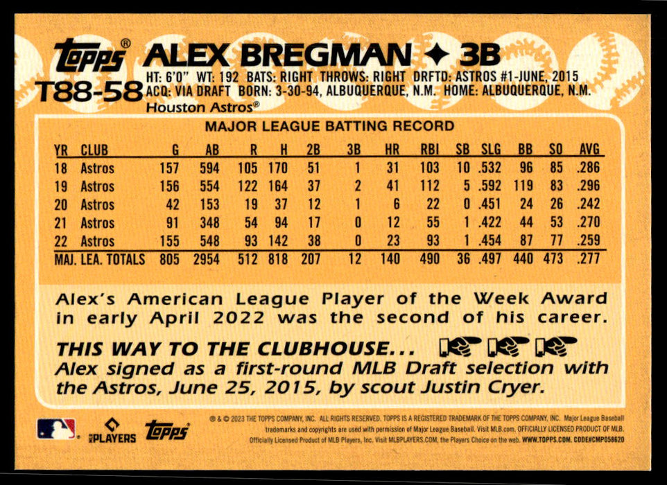 Alex Bregman 2023 Topps Series 1 1988 Topps Back of Card