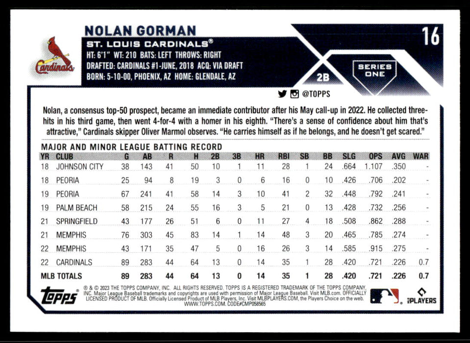 Nolan Gorman 2023 Topps Series 1 # 16 RC Base St. Louis Cardinals