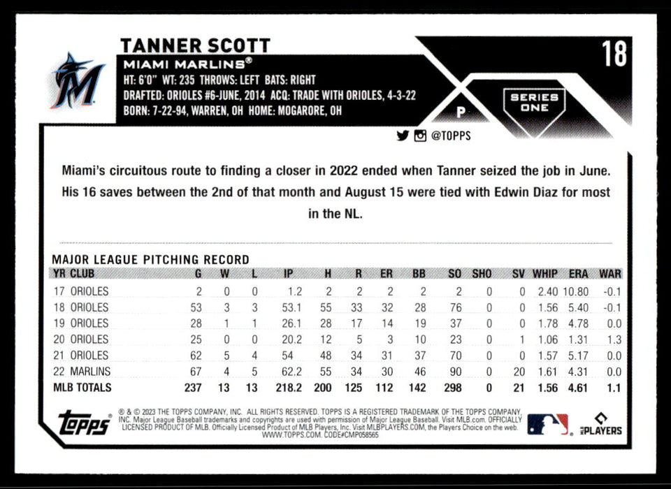 Tanner Scott 2023 Topps Series 1 Base Back of Card