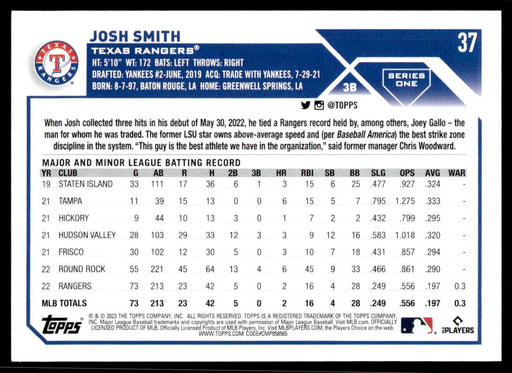 Josh Smith 2023 Topps Series 1 Base Back of Card