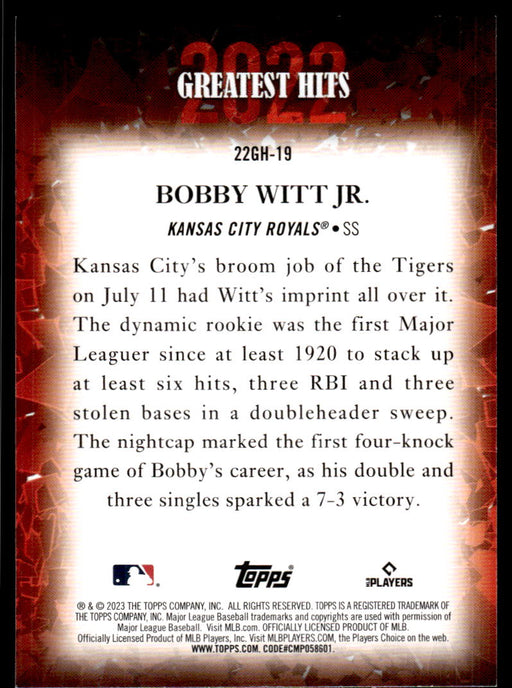 Bobby Witt Jr. 2023 Topps Series 1 2022 Greatest Hits Back of Card