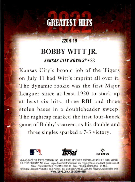 Bobby Witt Jr. 2023 Topps Series 1 2022 Greatest Hits Back of Card