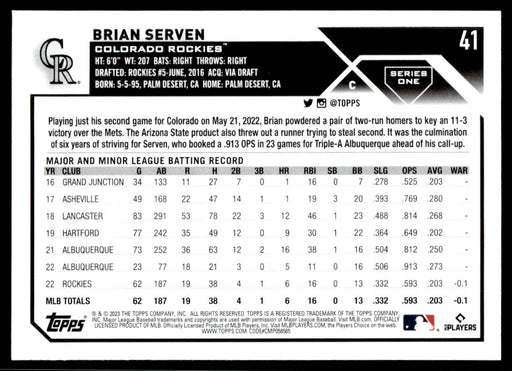 Brian Serven 2023 Topps Series 1 Base Back of Card