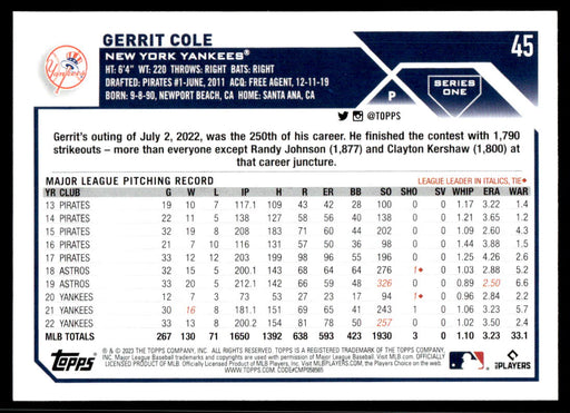 Gerrit Cole 2023 Topps Series 1 Base Back of Card