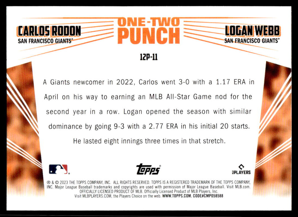 Carlos Rodon / Logan Webb 2023 Topps Series 1 One-Two Punch Back of Card