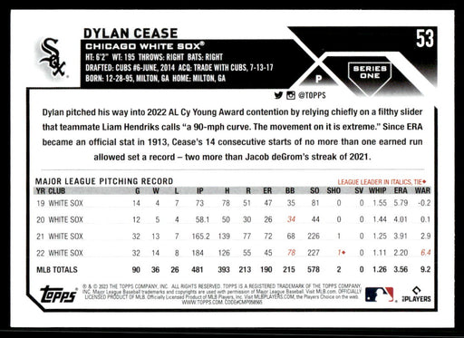 Dylan Cease 2023 Topps Series 1 Base Back of Card