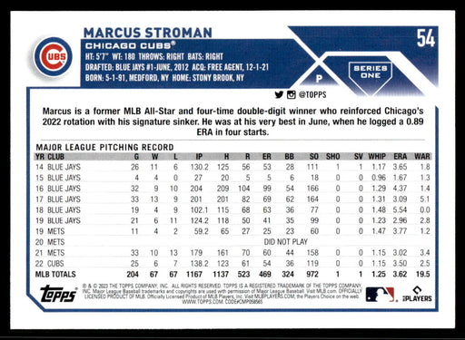 Marcus Stroman 2023 Topps Series 1 Base Back of Card