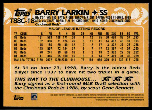 Barry Larkin 2023 Topps Series 1 1988 Topps Chrome Silver Packs Back of Card