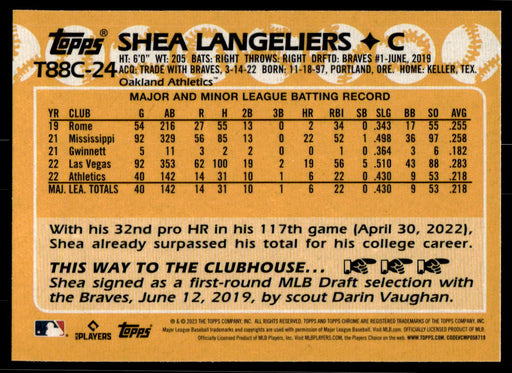 Shea Langeliers 2023 Topps Series 1 1988 Topps Chrome Silver Packs Back of Card