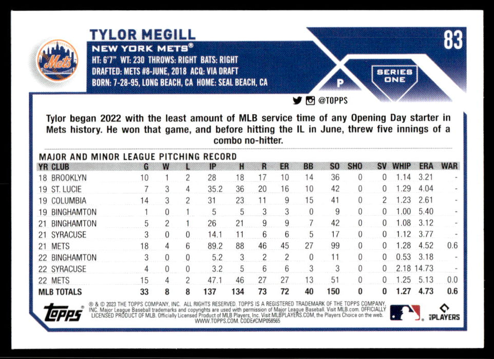 Tylor Megill 2023 Topps Series 1 Rainbow Foil Back of Card