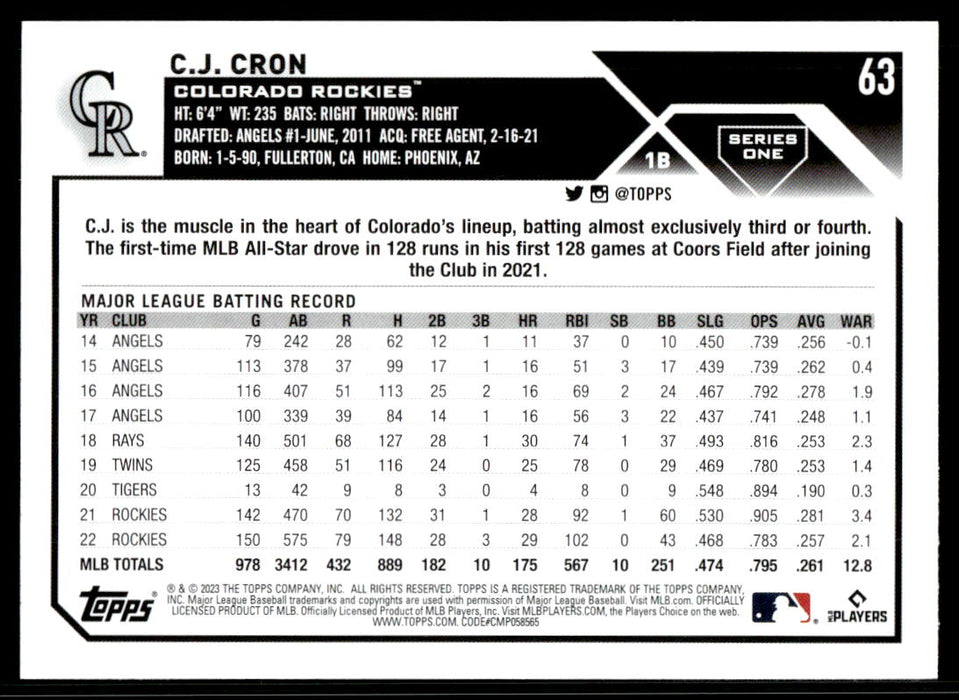  2023 Topps # 63 C.J. Cron Colorado Rockies (Baseball