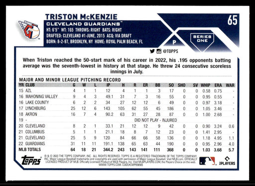 Triston McKenzie 2023 Topps Series 1 Base Back of Card