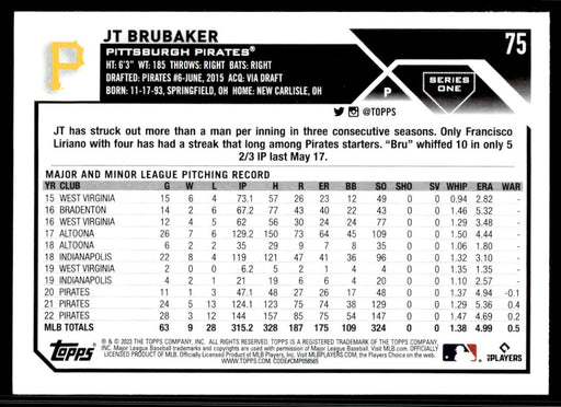 JT Brubaker 2023 Topps Series 1 Base Back of Card