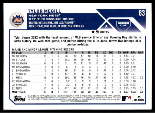 Tylor Megill 2023 Topps Series 1 Base Back of Card