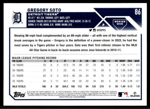 Gregory Soto 2023 Topps Series 1 Base Back of Card