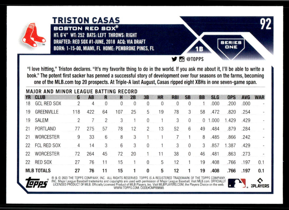 Triston Casas 2023 Topps Series 1 Base Back of Card