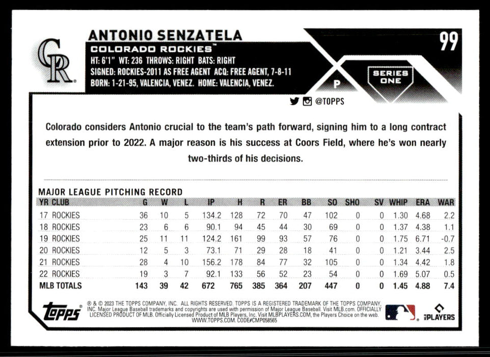 Antonio Senzatela 2023 Topps Series 1 Base Back of Card