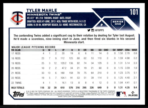 Tyler Mahle 2023 Topps Series 1 Base Back of Card