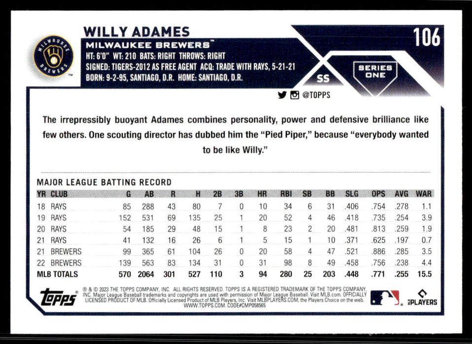 Willy Adames 2023 Topps Series 1 Base Back of Card