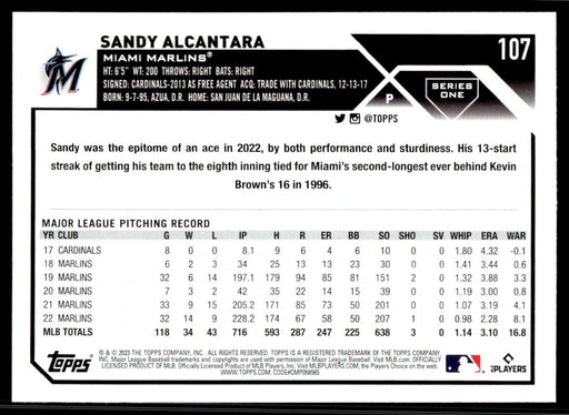 Sandy Alcantara 2023 Topps Series 1 Base Back of Card