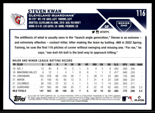 Steven Kwan 2023 Topps Series 1 Base Back of Card