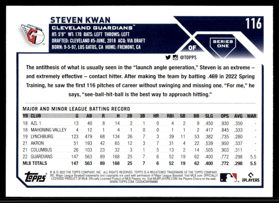 Steven Kwan 2023 Topps Series 1 Base Back of Card